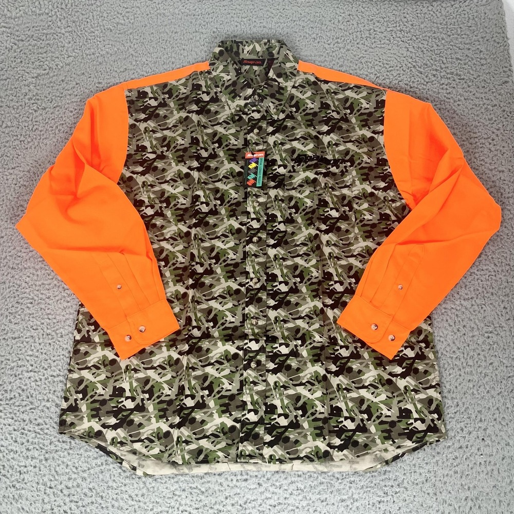 Snap-on Shirt Mens Large Camo Blaze Orange Long Sleeve Hunting Button Up